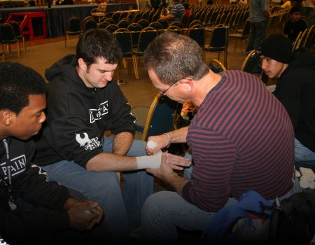 Hand wrapping before a boxing match